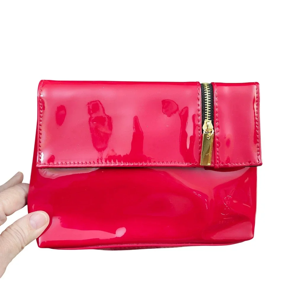 Yves Saint Laurent Beaute Red Patent Makeup Bag Clutch YSL Logo Gold Zipper Y2K